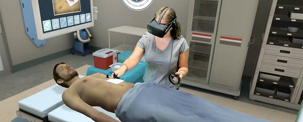 Student practicing surgical techniques through virtual reality