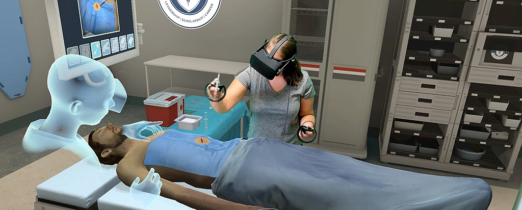 Student performing virtual surgery using virtual reality (VR) technology