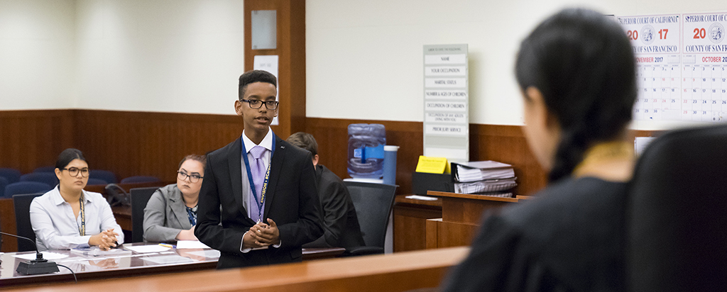 Future lawyer participating in a mock trial at Intensive Law & Trial with Stanford Law School