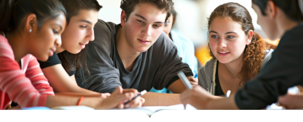 Students sitting around a table drawing a plan